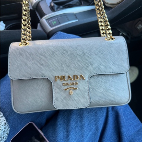 Prada Pattina Flap Saffiano Light Gray Leather Shoulder Bag with Gold Chain - Picture 1 of 11